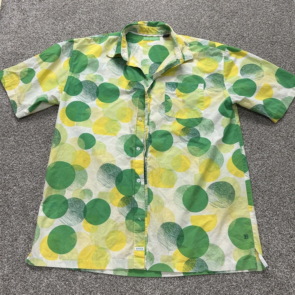 Y2K Enyce Shirt Mens XL Green Yellow Circle Print Short Sleeve Button Up Casual